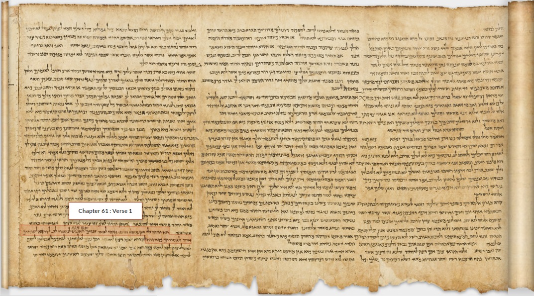 上图:1947年昆兰洞穴发现的死海古卷以赛亚书卷之62章1-2节。以赛亚书卷包含了希伯来圣经中的66章,抄写于主前125年之前,是死海古卷中最古老的一卷书,主耶稣时代的以赛亚书可能就是上图中的样式。原件存于耶路撒冷以色列博物馆。