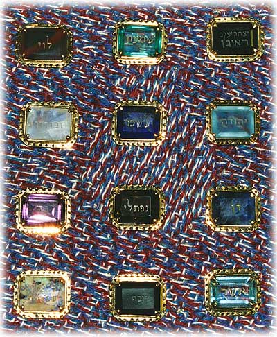 上图:以色列圣殿研究所制作的十二块宝石,刻着十二个支派的名字