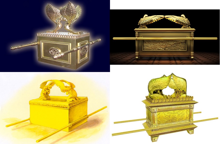 上图:四种现代人想象的约柜样式,出现了四种不同的金环位置,各有各的理由。可见要严格地遵照山上的样式,实在不是一件容易的事情。