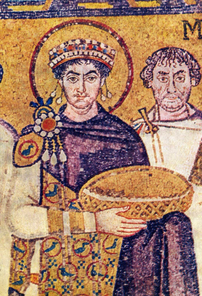 上图:东罗马帝国皇帝查士丁尼一世(Justinian I,主后527-565年在位),身穿推罗紫的王袍。