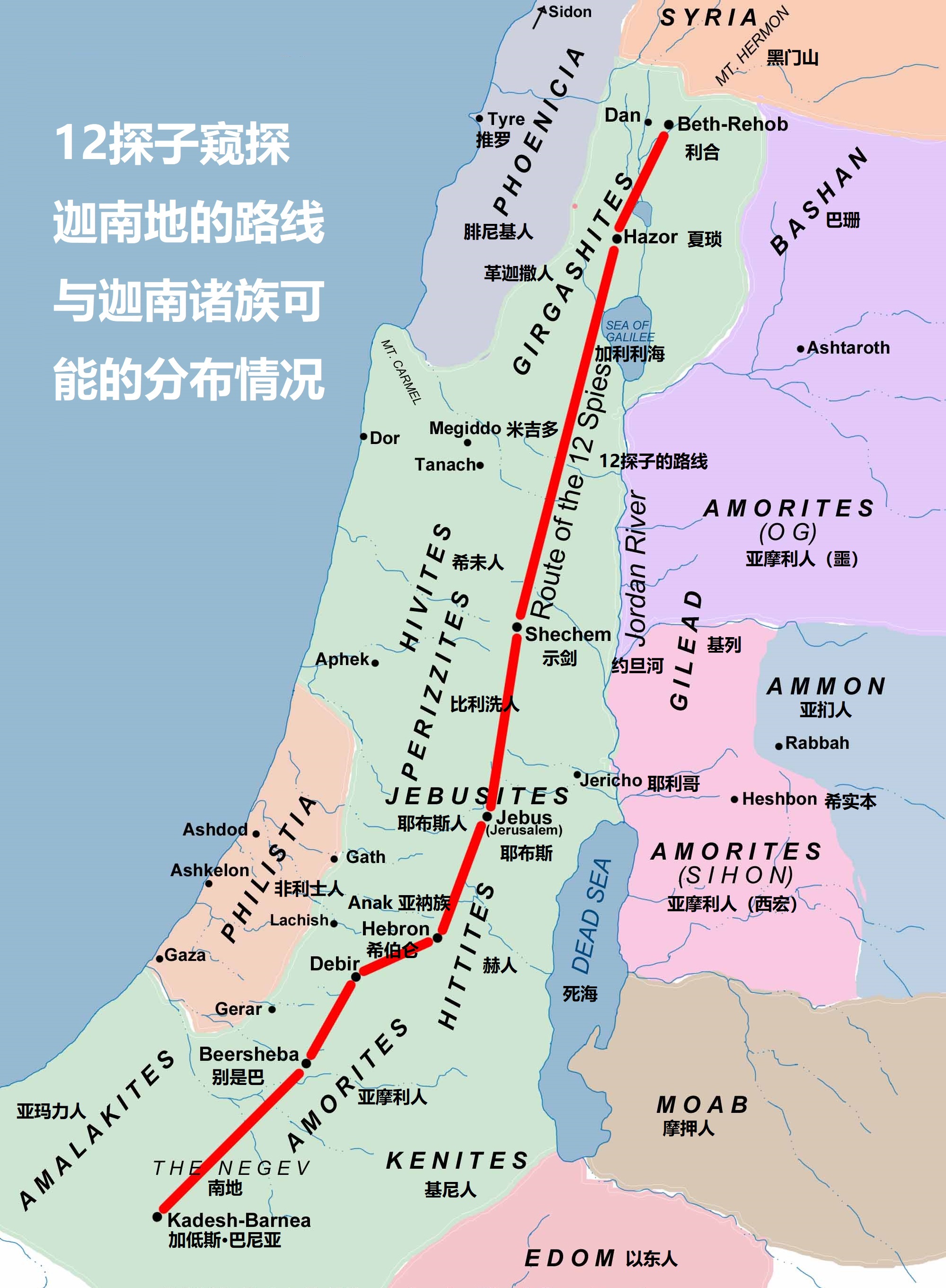 ?上图:迦南诸族和周边民族可能的分布情况。亚玛力人是以扫的后代(创三十六16),住在南地和西奈半岛一带(出十七8;撒上十五);赫人住在希伯仑一带(创二十三10);耶布斯人住在耶路撒冷(书十五63);亚摩利人住在希伯仑山地(创十四13);而其他的迦南人则住在地中海沿岸和约旦河谷。若没有神的带领,进迦南的道路确实是困难重重、充满了阻拦。