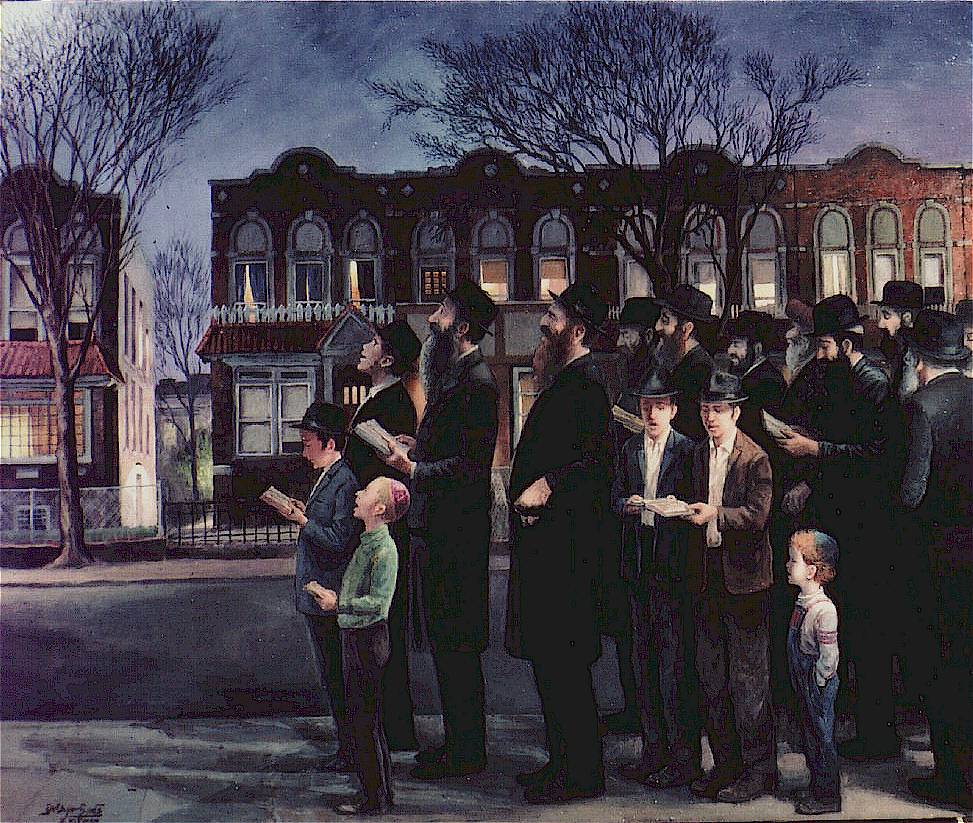 上图：油画《布鲁克林祝圣新月 Kiddush Levanah in Brooklyn》（Zalman Kleinman绘制）。犹太历是根据月相变化制定的，犹太人会在每个月的第3到14天，选择一个月光够亮的晚上，在室外对着月亮诵读特定的祈祷词（包括诗148:1-6；歌2:8-9；诗121；诗150；诗67），然后载歌载舞庆祝。这一仪式称为祝圣新月（Kiddush Levanah，or Sanctification of the Moon）。如果月亮完全被云遮挡，就不举行这个仪式。