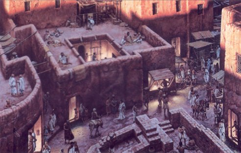 上图:古代以色列城里的房子复原图。