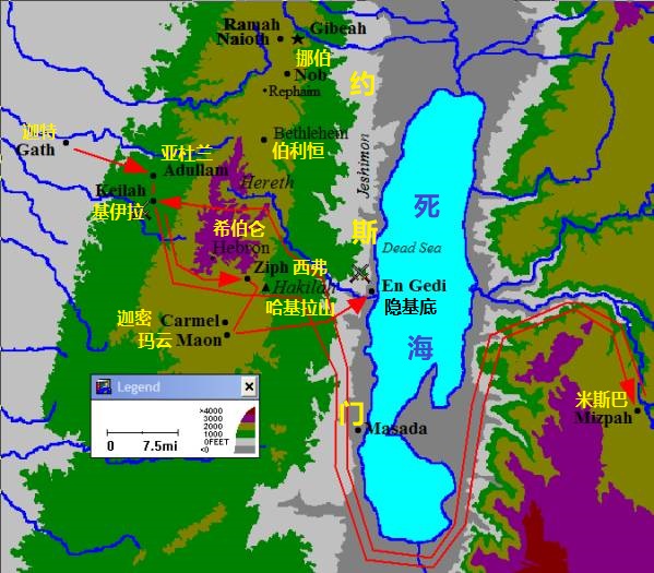 上图:约斯门(Jeshimon)是犹大旷野东边与死海接壤的带状地区,包括隐·基底。扫罗在哈基拉山安营。