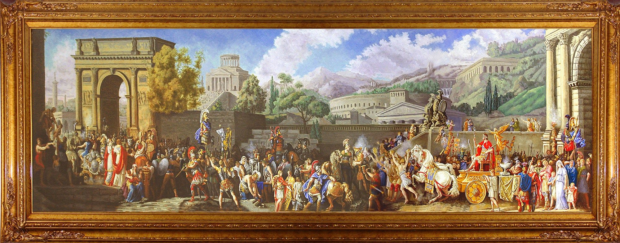 上图:古罗马凯旋仪式(拉丁语:triumphus)。凯旋仪式是古罗马授予获得重大胜利的将军的庆祝仪式,这是罗马人最大且最受欢迎的荣耀。凯旋仪式上的游行队伍一般都非常长,顺序是:元老院元老,号手,车载的战利品,用以献祭的白色公牛,被征服者首领的武器及徽章,被征服者首领及其亲属,其他战俘,凯旋者的扈从,站在战车上的凯旋者本人,凯旋者的已成年儿子及副官、军团长、军事保民官、骑兵队长等,凯旋者的士兵。