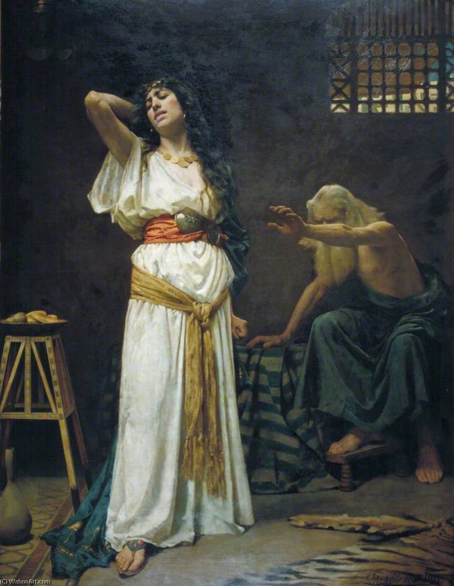 上图:1888年英国画家George Henry Grenville Manton的油画《耶罗波安的妻子与瞎眼的先知》。根据七十士译本,耶罗波安的妻子叫Ano,是一位埃及公主,法老示撒的妻子答比匿的妹妹。她在圣经中没有任何台词,但充满了悲伤。