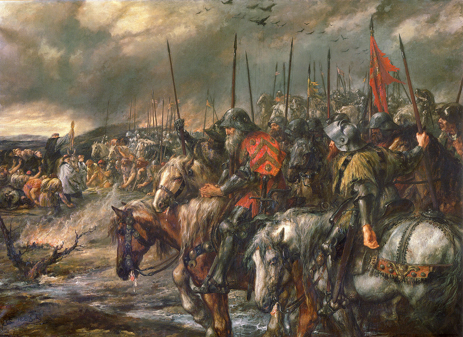 上图：19世纪的油画《阿金库尔战役的早晨 Morning of the Battle of Agincourt》。1415年的阿金库尔战役是英法百年战争中著名的以少胜多之役。16世纪霍林斯赫德（Raphael Holinshed）的《英格兰、苏格兰和爱尔兰编年史》记载，英王亨利五世大败法军之后，全军奉命齐唱诗篇一百一十四、一百一十五篇。当唱到「耶和华啊，荣耀不要归与我们 Non nobis, Domine」时，全军一起下跪。莎士比亚在《亨利五世》一剧中也表现了此事。