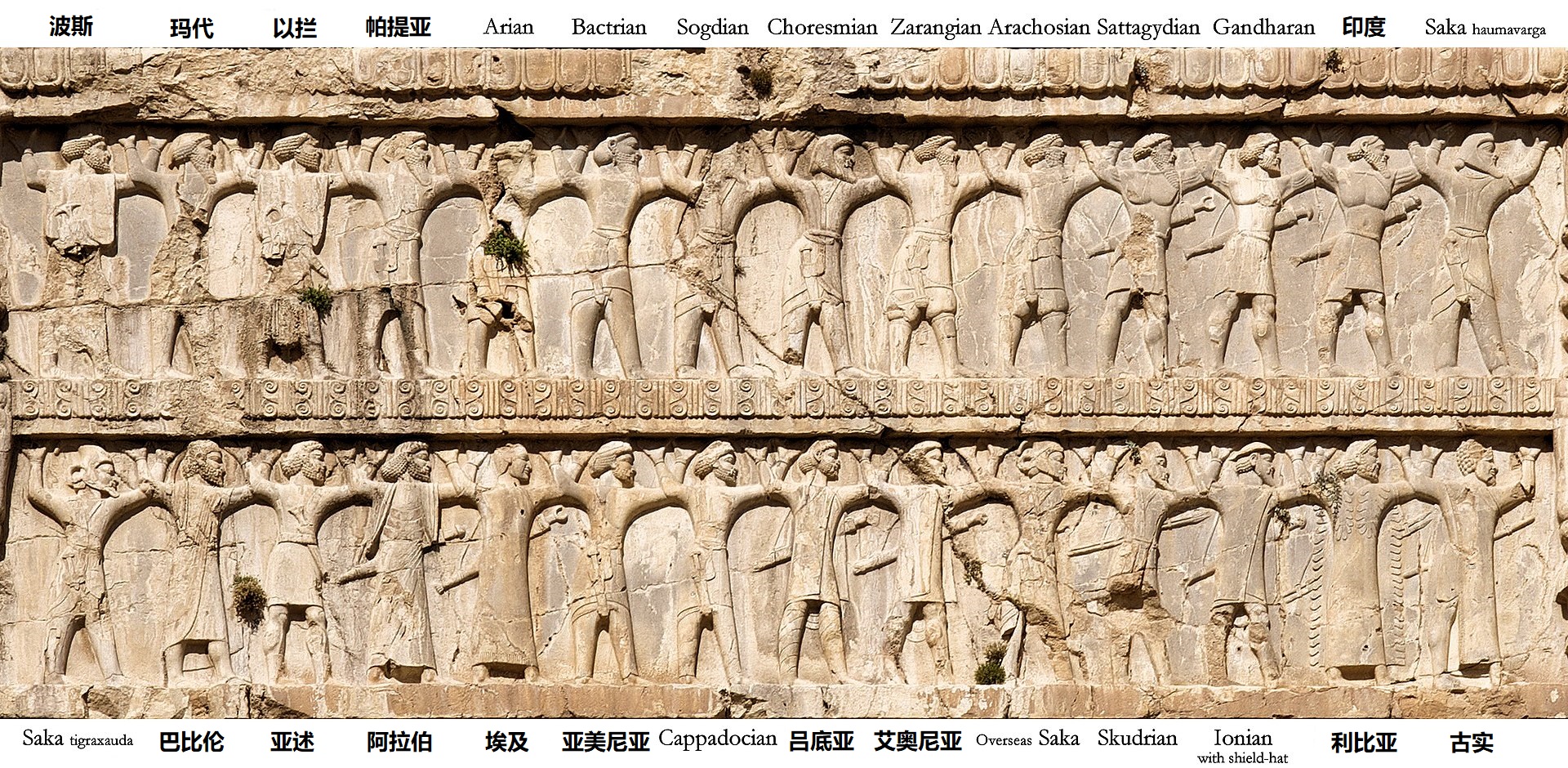 上图:亚哈随鲁王墓上所刻的各族士兵。根据希罗多德(Herodotus)的记载,亚哈随鲁于主前480年春天从撒狄(Sardis)出发远征希腊,一百万波斯大军由帝国境内的各族士兵组成,包括:亚述人(Assyrians)、腓尼基人(Phoenicians)、巴比伦人(Babylonians)、埃及人(Egyptians)、犹太人(Jews)、马其顿人(Macedonians)、欧洲色雷斯人(European Thracians)、皮奥尼亚人(Paeonians)、亚该亚的希腊人(Achaean Greeks)、艾奥尼亚人(Ionians)、爱琴海的岛民(Aegean islanders)、爱奥尼亚人(Aeolians)、本都的希腊人(Greeks from Pontus)、科尔基斯人(Colchians)、印度人(Indians)等等,实际可能是6万名战士。因此,在所以在远征希腊之前,需要与各族的贵胄和首领商议「一百八十日」(斯一4)。