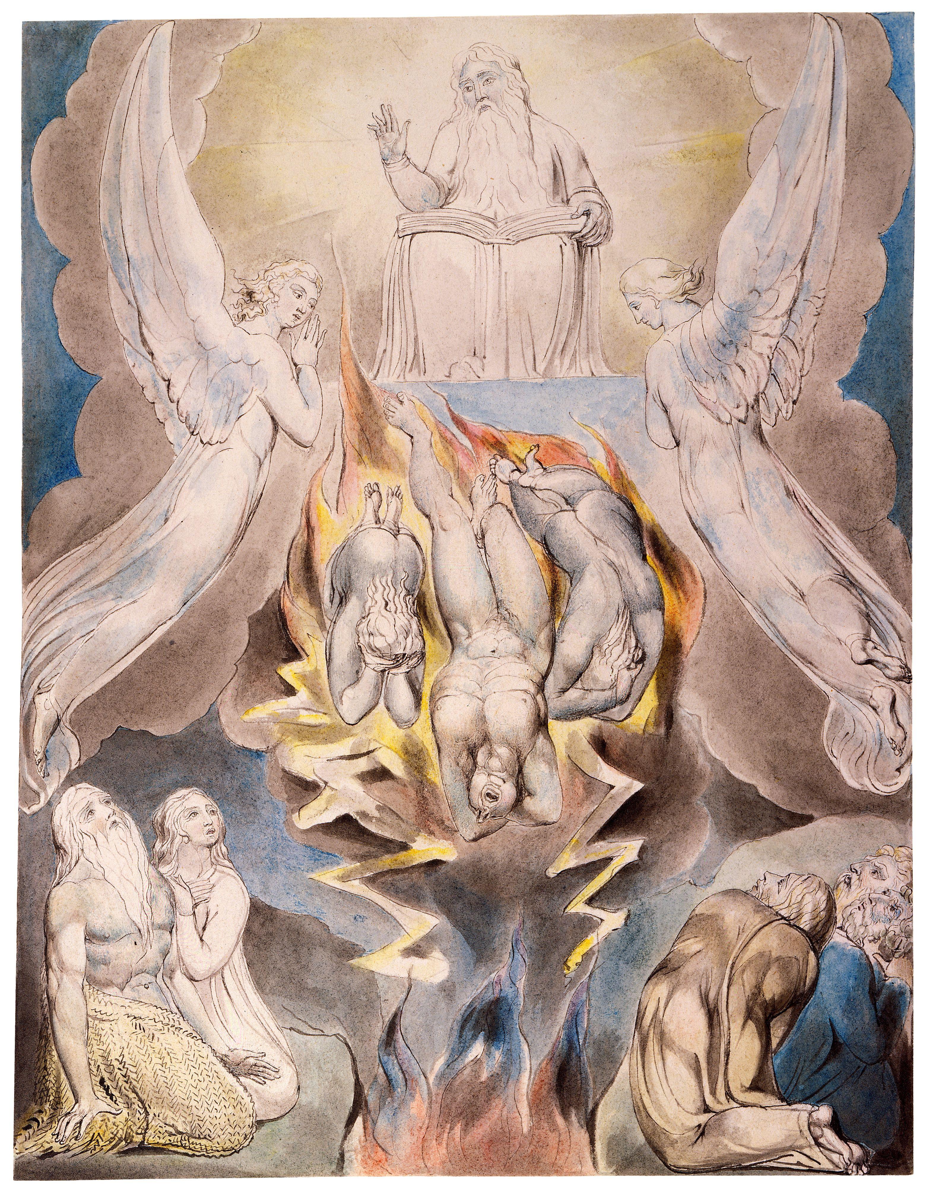 上图：英国诗人、画家威廉·布莱克（William Blake，1757-1827年）的版画《撒但的坠落 The Fall of Satan》，描绘「判断和刑罚抓住你」（伯三十六17）。
