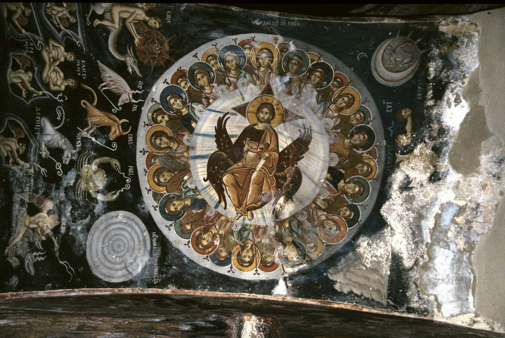 上图：马其顿莱斯诺沃修道院（Lesnovo monastery）中14世纪的诗篇一百四十八篇壁画。